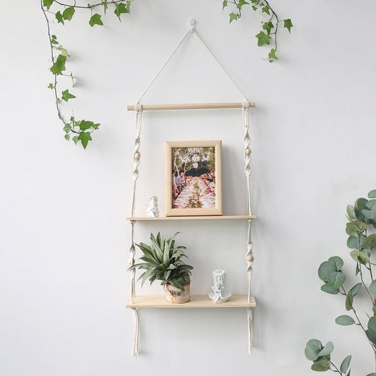 Etagère murale double en bois et macramé ~ HEMMA