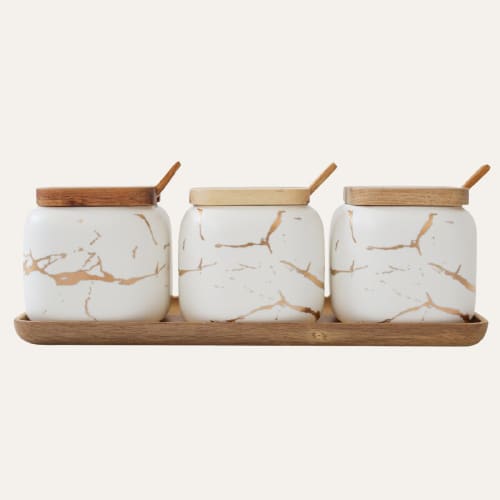 PITÉ ~ Pot à épices effet marbre Lot de 3 pots blanc &