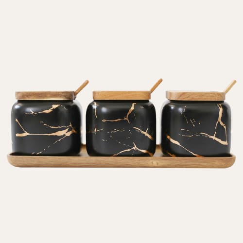 PITÉ ~ Pot à épices effet marbre Lot de 3 pots noir &