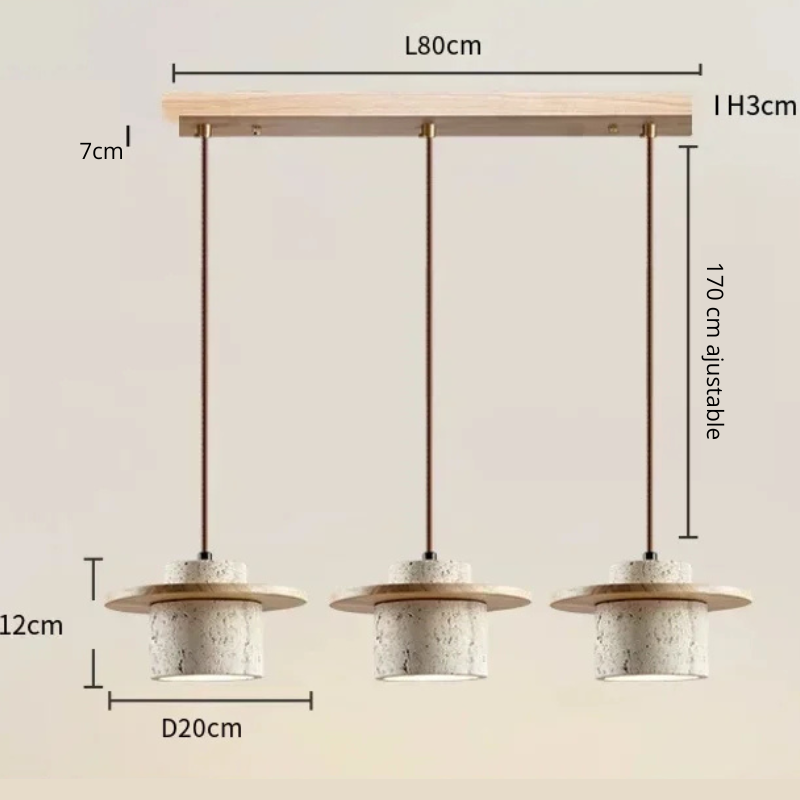 dimensions 3 lumières en bois clair et travertin