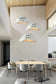 salle à manger contemporaine et lumineuse avec haut plafond sur lequel sont accrochés trois grosses suspensions luminaires design indiquant les dimensions